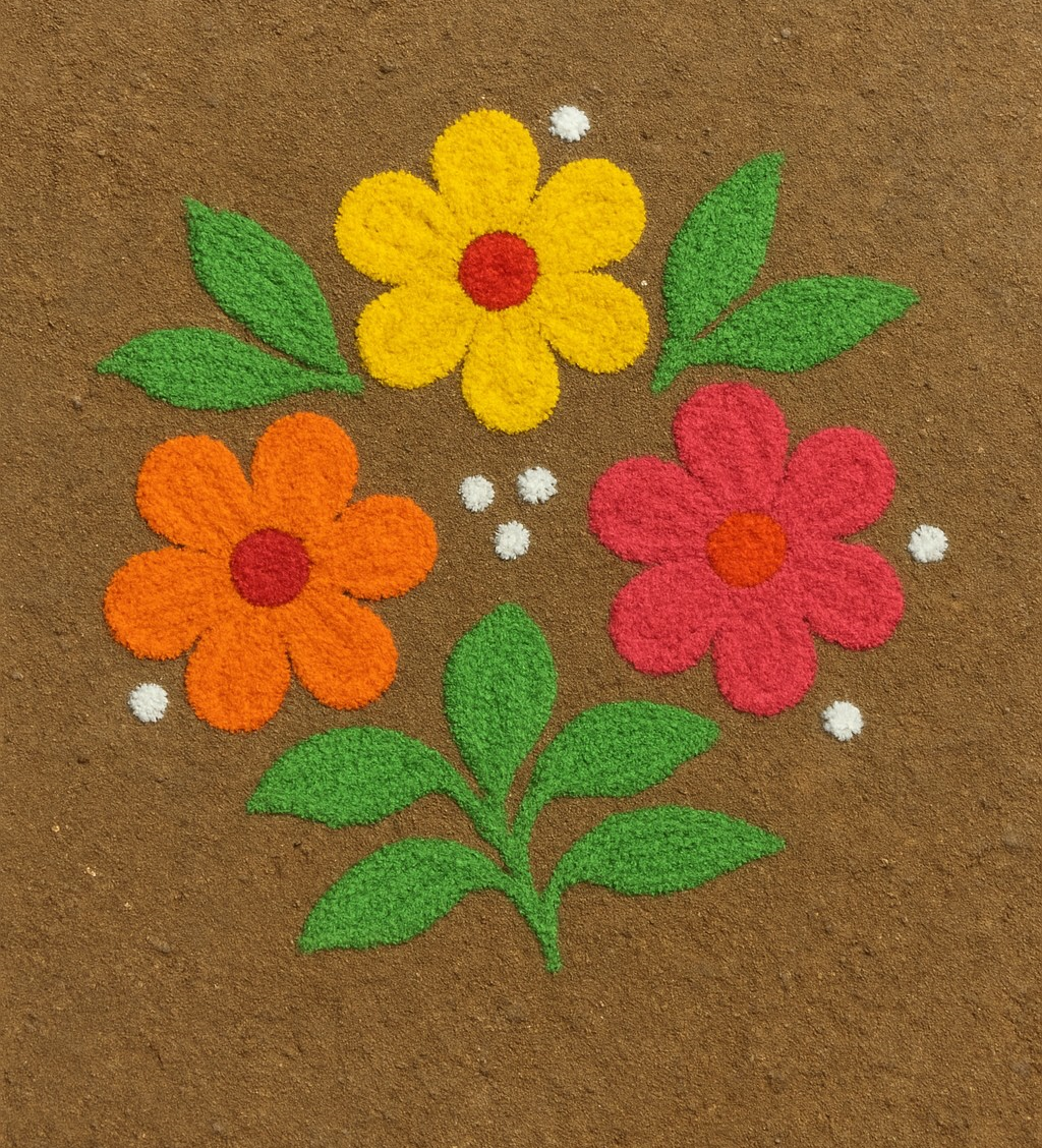 फुलांची रांगोळी आणि पाकळ्यांसह सोपी फुलांची रांगोळी