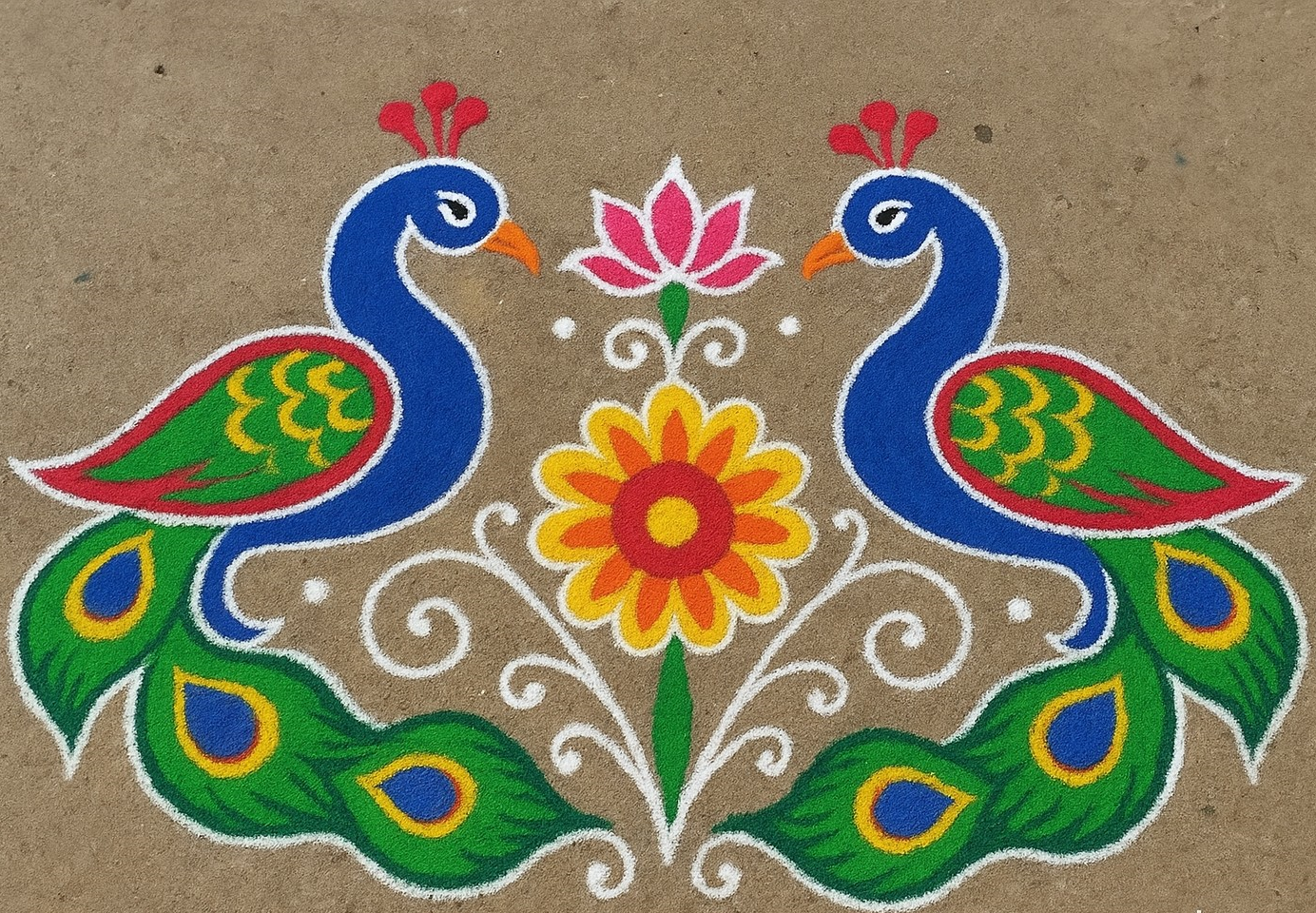 तपशीलवार कलाकृतीसह मोराची रांगोळी डिझाइन