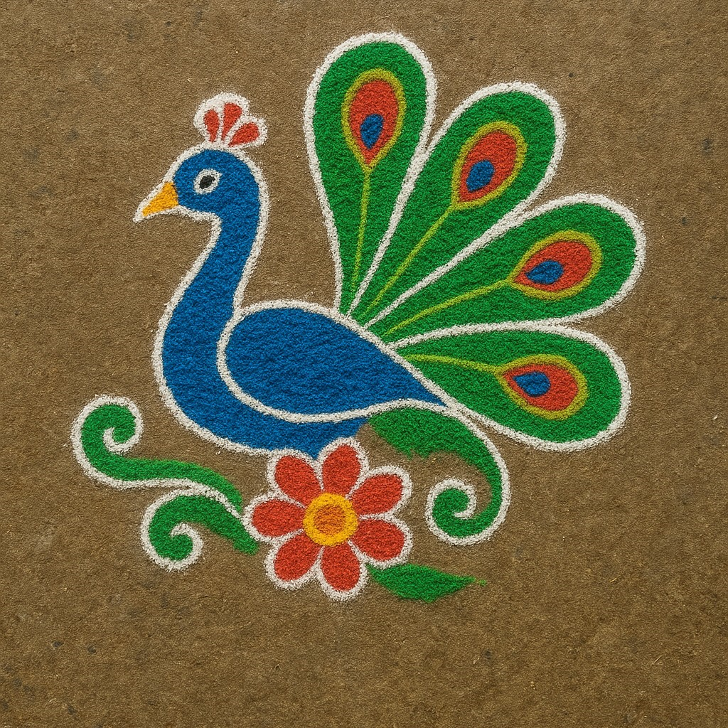 रंगीत नमुन्यांसह मोराची रांगोळी